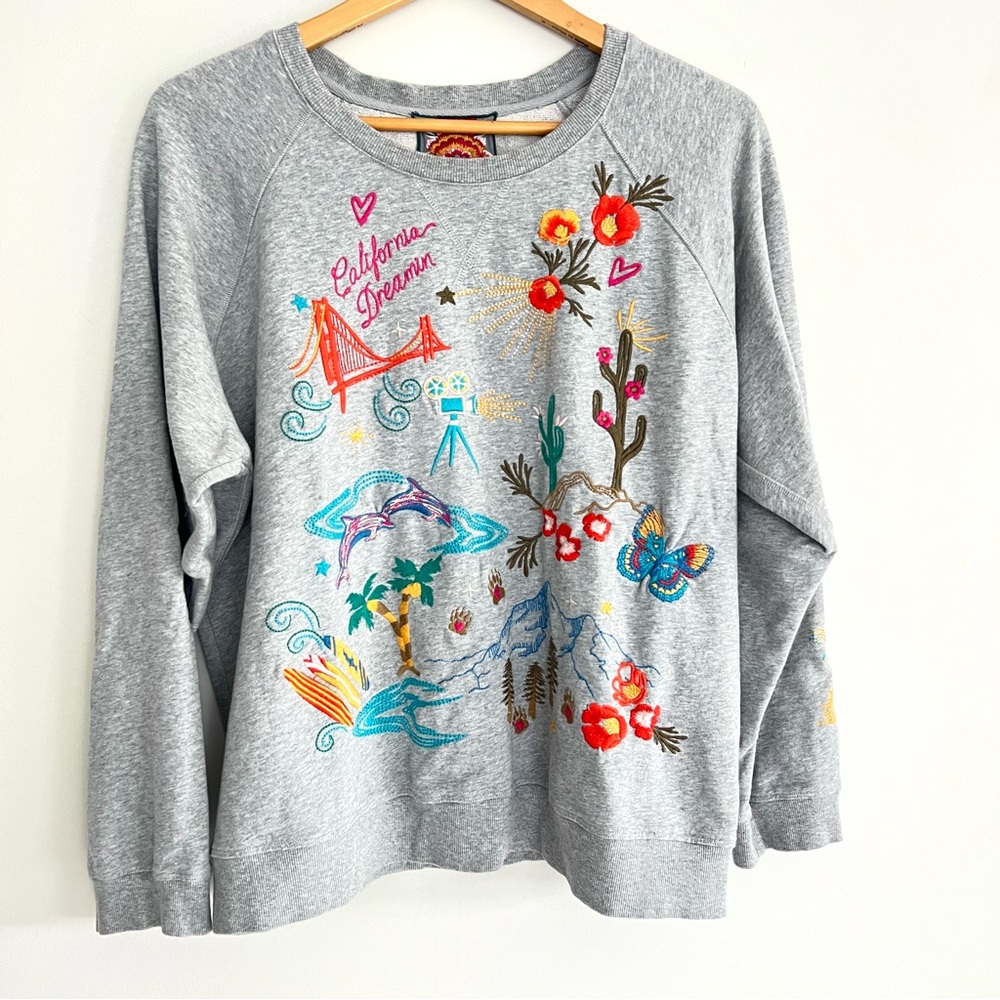 JOHNNY WAS California Raglan Gray Multicolor Embroidery Cotton Sweatshirt Sz XL - Picture 2 of 16